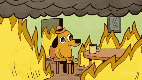 An illustration of a dog sitting in a smoky room on fire drinking coffee saying this is fine "Protests and Pandemics: Support and Resources," a blog post by Deborah Beckwin